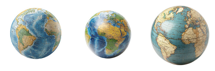 A realistic globe showing continents geographical element map details isolated on white and transparent background