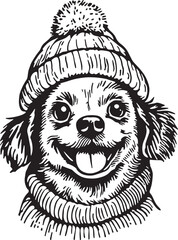 black and cartoon illustration of a winter dog wearing hat and sweater