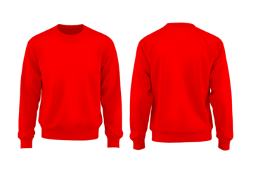 Set of red sweatshirt, tee, and long sleeve sweater in front and back view on a transparent background, cutout PNG file. Mockup template for graphic design and artwork.