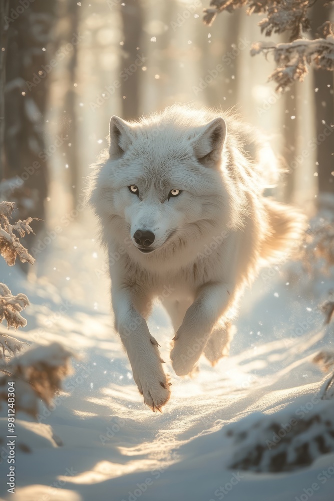 Canvas Prints A majestic white wolf running through a snowy forest with the sun shining through the trees.