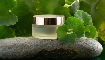 A small jar of cream sits on a rock next to a leafy green plant