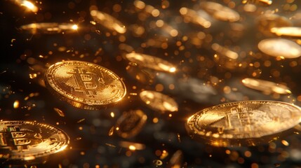 Golden Bitcoin coins falling in mid-air.