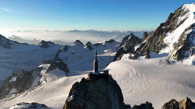 Aerial view of Aiguille du Midi (Needle at midday) mountain peak in Alps, France