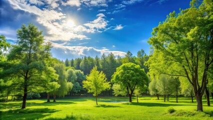 Obraz premium Natural environment with lush green trees and clear blue sky, environment, nature, landscape, trees, green, outdoors, peaceful