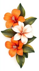 Beautiful orange and white flowers with green leaves on flat backdrop.