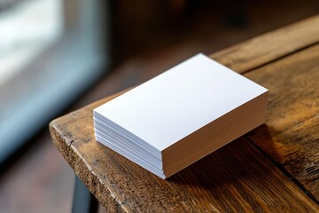 A minimalist photograph of a stack of blank white paper sheets on a rustic wooden table, with soft natural light from a window in the background