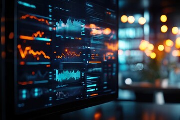 A close-up view of a modern monitor displaying vibrant data visualizations and graphs in a stylish, illuminated environment.