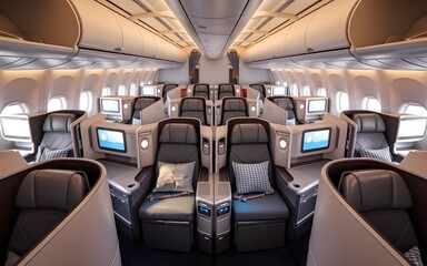 Fototapeta premium Luxury Airplane Business Class Cabin Cross-Section with Premium Seats for Travel