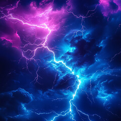 una tormenta eléctrica de fondo con destacados en neón azul y púrpura intensos.
