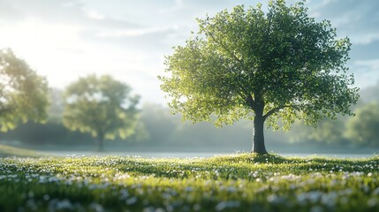 Single tree standing alone in a green field with distant mountains, representing solitude, tranquility, and natural beauty.