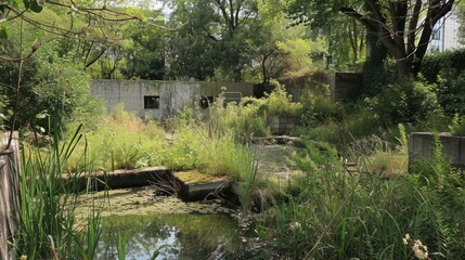 Overgrown Pond in a Lush Garden
