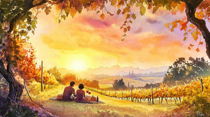 A romantic sunset in a vineyard, featuring a couple enjoying a peaceful picnic under colorful autumn leaves.