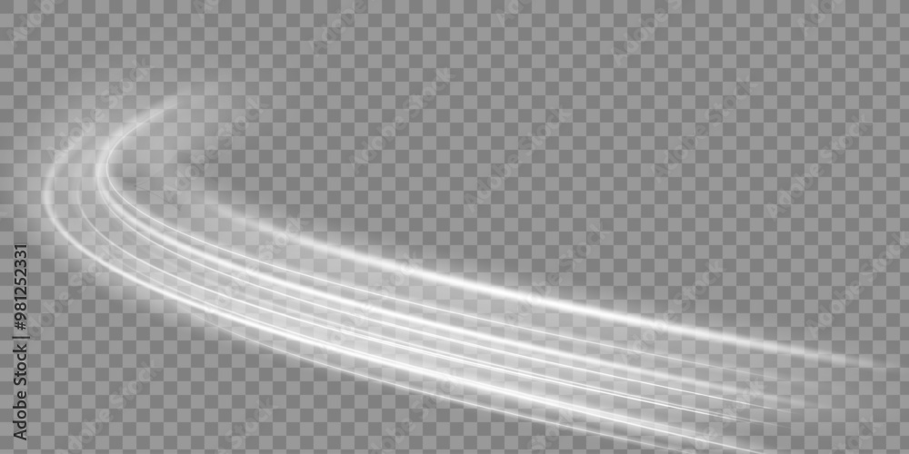 Poster White bright blurred light lines in wave and speed motion. Curve light effect of motion wave. Dynamic white trail, fire path trace line, car lights, optic fiber and incandescence curve twirl.