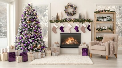 The elegant living room is alive with holiday spirit, featuring a beautifully decorated Christmas tree with purple and pink ornaments, surrounded by colorful presents