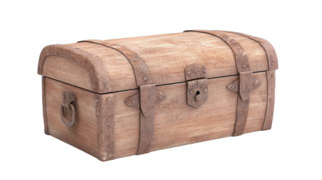 A wooden chest with a metal clasp