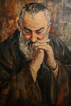 A vibrant oil painting depicts Saint Padre Pio in a moment of prayerful reflection