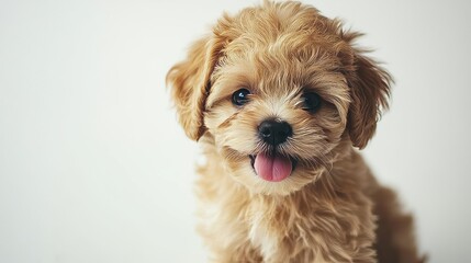 Beautiful fluffy dog, adorable purebred Poodle smiling isolated on white background. Landing page copy space for ad.