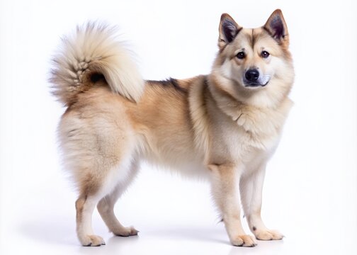 Adorable Norwegian buhund dog with wolf-like features, fluffy coat, and curled tail, posing cutely against a crisp white background with minimal shadows.