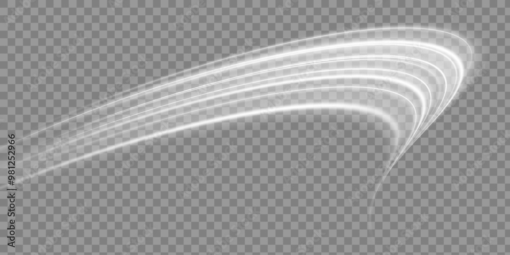 Poster White bright blurred light lines in wave and speed motion. Curve light effect of motion wave. Dynamic white trail, fire path trace line, car lights, optic fiber and incandescence curve twirl.