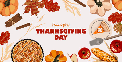 Thanksgiving day background. Holyday dishes, apple, pie, pumpkins and decorative elements. Autumn vector banner template design