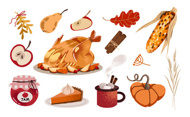 Set of cozy Thanksgiving items and dishes. Turkey, apples, pumpkins, pies. Autumn clipart, vector isolate on a white background. 