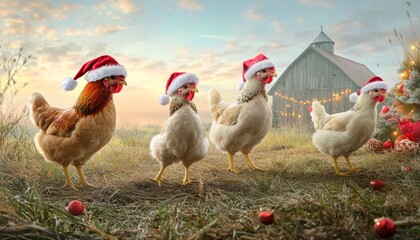 Fototapeta premium A flock of chickens wearing tiny Santa hats pecking at the ground in a grassy field, surrounded by holiday decorations and a rustic barn adorned with Christmas lights.