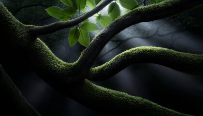 Obraz premium A forest floor carpeted with moss, with twisted branches overhead and sunlight streaming through the thick canopy of leaves, creating a calming vibe.