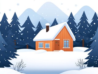 Winter Cabin in the Woods A cozy cabin surrounded by snow-covered trees and festive decorations