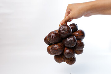 fruit salak. One stalk of snakefruit tastes sweet and sour with a plain white background
