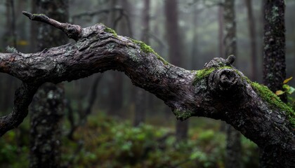 Obraz premium A gnarled tree branch with rough bark and moss, seamlessly blending into its forest surroundings, with muted brown and green tones evoking a natural harmony.