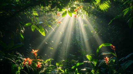 Obraz premium Sunbeams Piercing Through Lush Tropical Foliage