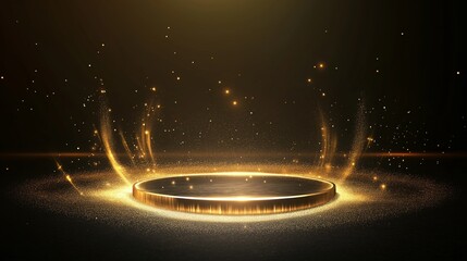 show case stage with circle gold light shimmering on dark black background, luxurious stage idea for mock up 