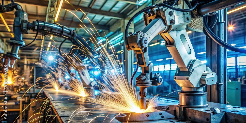 Poster automated welding robot working on automotive parts in a factory setting, robot, welding, automotive