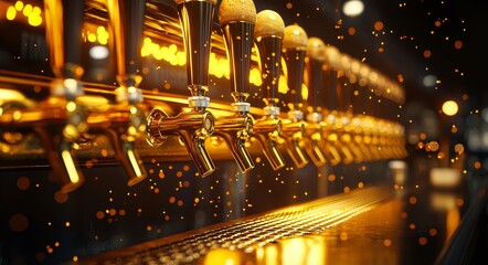 Beer taps with wooden handles attached to metallic wall. Modern bar equipment. Concept of beer, breweries, pubs, Oktoberfest, traditions.