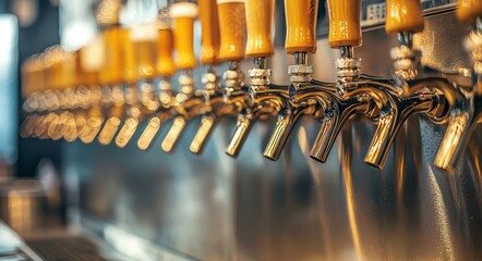 A row of shiny metallic beer taps with numbered wooden handles, mounted on a metallic wall. Modern bar equipment. Oktoberfest concept, brewery, pub, and beer.