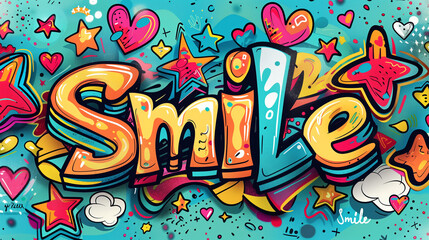 Colorful graffiti style Smile lettering surrounded by vibrant hearts and stars on a playful blue background