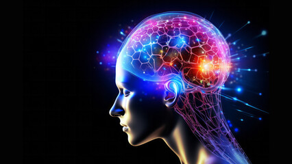 Obraz premium Profile of a human head with a glowing neural network and hexagonal brain structure, advanced artificial intelligence and technology concept