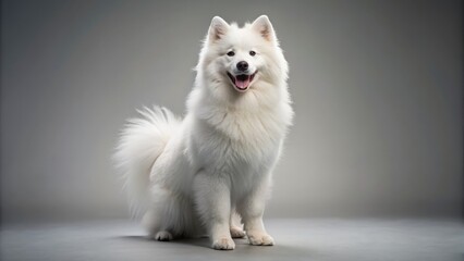 Obraz premium Adorable happy samoyed stands upright on hind legs, showcasing its fluffy white fur and cute facial expression, against a clean and simple background.