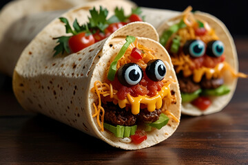 Halloween themed Taco with spooky face , Halloween foods ideas spooky tacos
