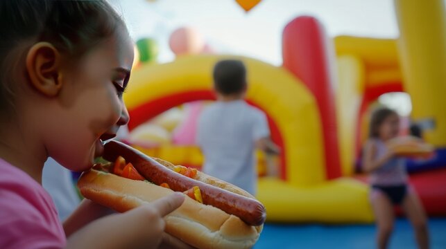 Ni&ntilde;a disfrutando de un hot dog durante una fiesta infantil con inflables de colores, en un ambiente lleno de diversi&oacute;n y alegr&iacute;a.