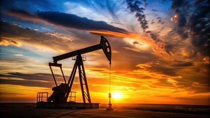 Silhouette of an oil well pump jack in a rural setting , industry, energy, pump, machinery, oil production