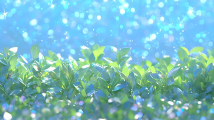 Sparkling Green Leaves with Blue Bokeh Background