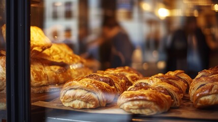Pasteles recién horneados exhibidos en una panadería, con el bullicio de los clientes en el fondo y un ambiente cálido y acogedor.