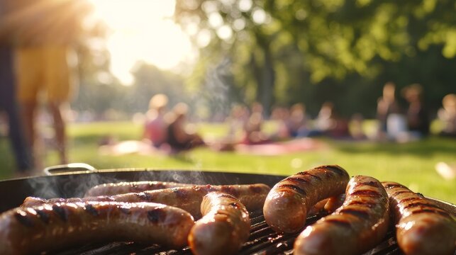 Salchichas cocin&aacute;ndose a la parrilla en un parque al aire libre, con personas disfrutando de un picnic al fondo en un d&iacute;a soleado.