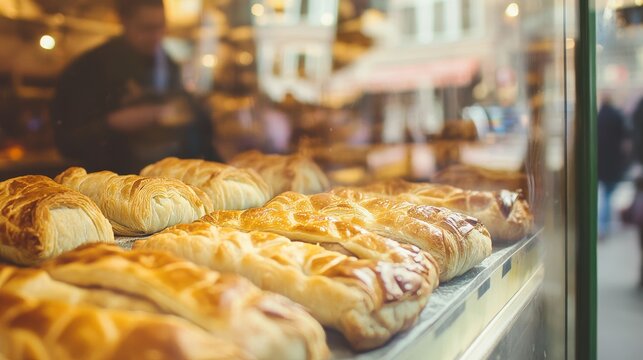 Pasteles frescos expuestos en la vitrina de una panader&iacute;a con un ambiente c&aacute;lido y acogedor en el interior, mientras las personas pasan por la calle.