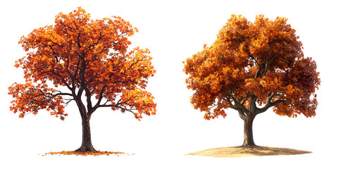 A realistic oak tree with autumn leaves nature element warm colors isolated on white and transparent background
