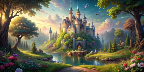 Enchanting image depicting a magical fairy tale scene with a charming castle, mystical forest, and whimsical characters, fairytale © InspireStock Gallery