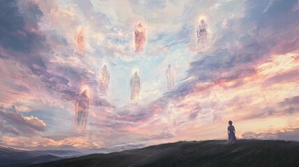 Varias figuras celestiales aparecen en el cielo, elev&aacute;ndose mientras una persona observa desde una colina en el D&iacute;a de Todos los Santos, representando la conexi&oacute;n entre lo terrenal y lo divino.