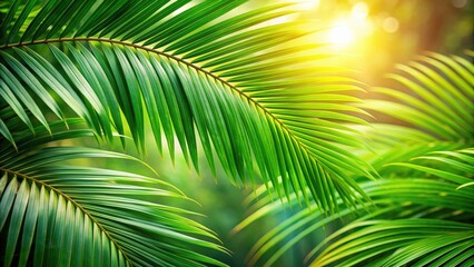 Fototapeta premium Green palm leaves on blurred background, palm Sunday, palm leaves, green, background, religion, Christian, celebration
