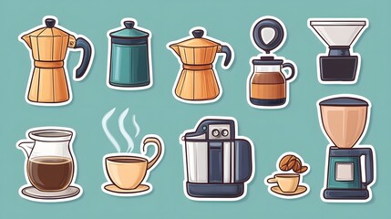 Obraz premium Sticker vector image of a coffee maker, with various types and styles of coffee brewing equipment on a brown background. Vector illustration, in a cartoon style for stickers or label design